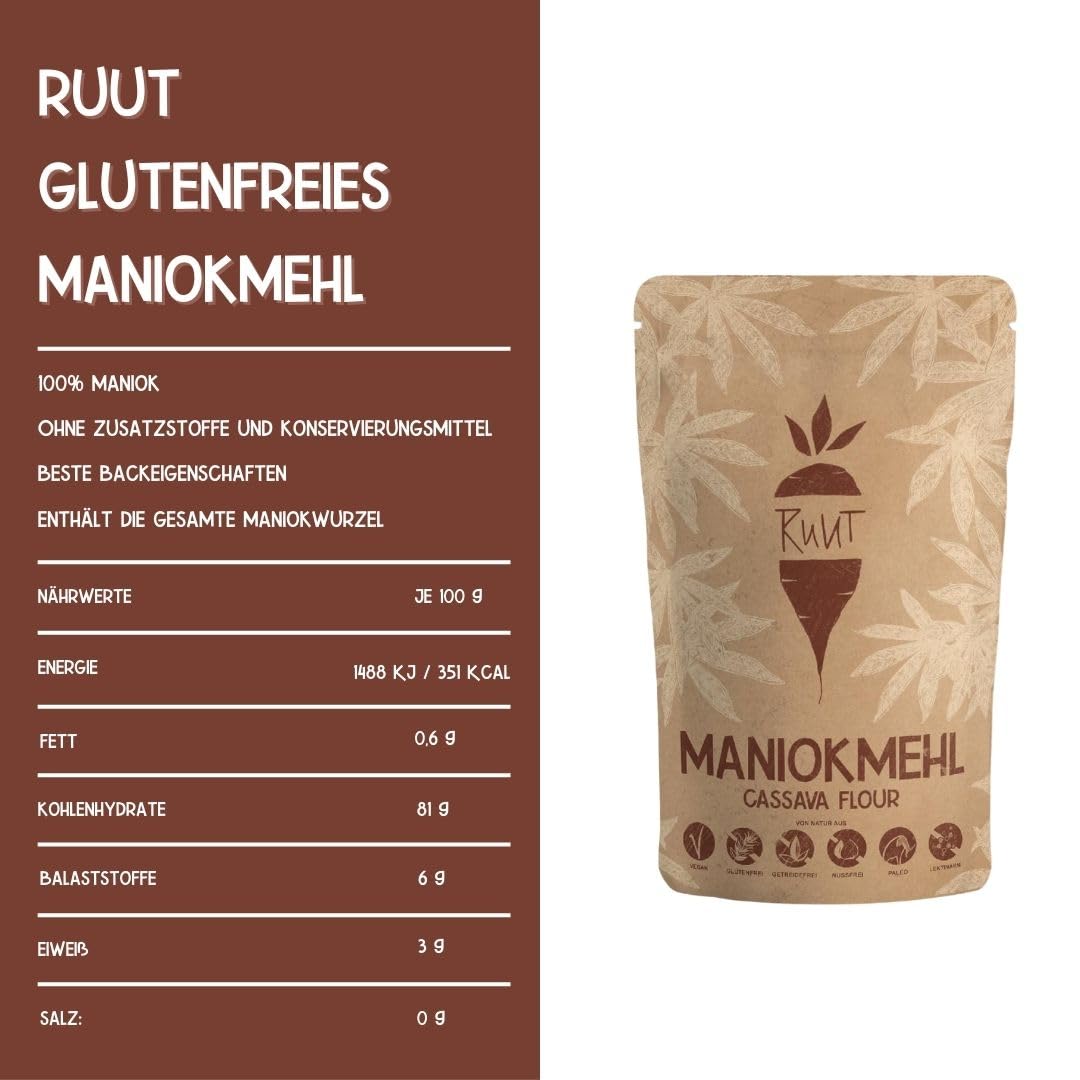 Ruut Maniokmehl / 100% Natürlich/Paleo/Vegan/Glutenfreies Mehl / 1000 g/Nussfrei Backen/Gesundes Brot Backen/Getreidefrei/Autoimmun Ernährung (AIP) / low-FODMAP/Ohne Zusätze