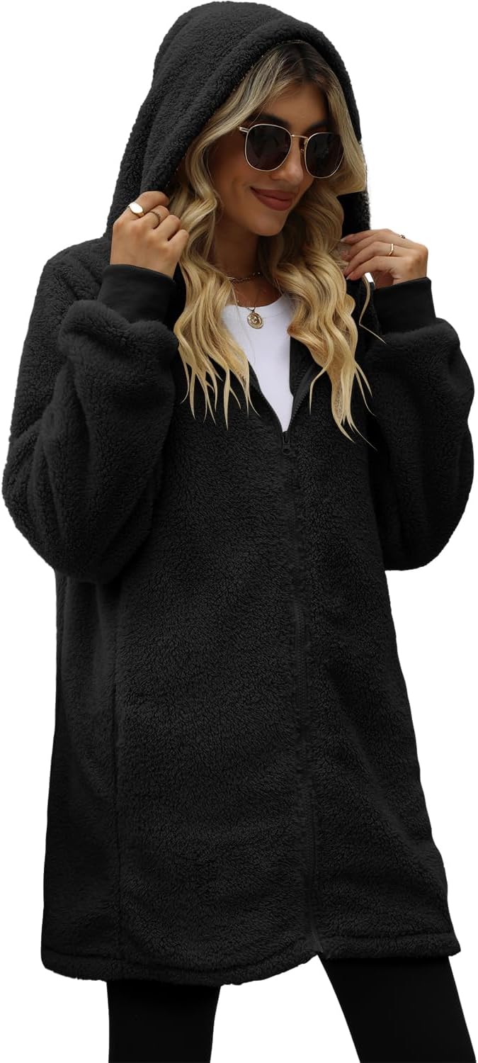 ReachMe Womens Fleece Zip Up Jacket with Pockets Oversized Long Sherpa Hoodie Fuzzy Jackets Warm Teddy Coat - Image 7