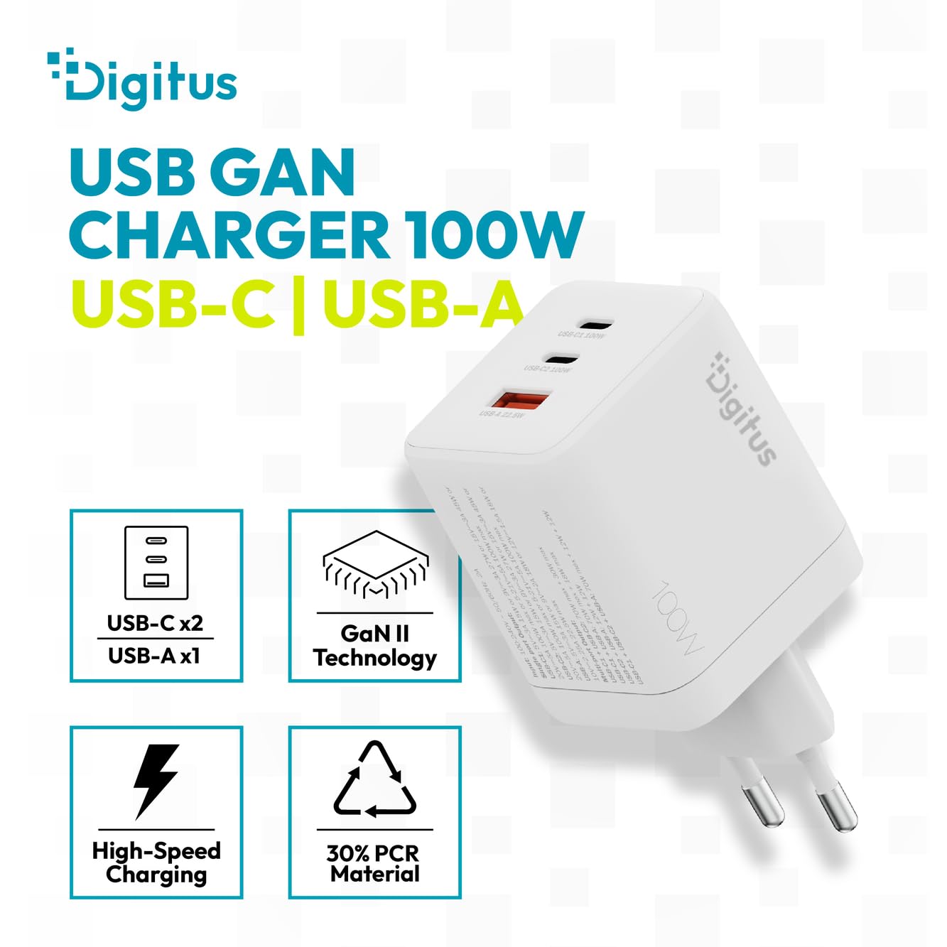 DIGITUS Cargador USB-C GAN II – 100 W – 2X USB-C, 1x Tipo A – 3 Puertos