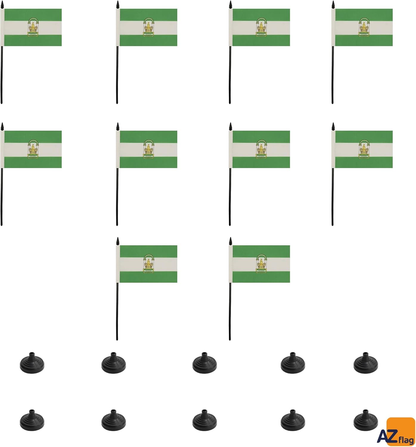 AZ FLAG Set of 10 Andalusia Table Flags - 15 x 10 cm - 10 Mini Andalusian Flags - Andalucia - Spain Office 100% Polyester with 25 cm Pole and Black Plastic Base