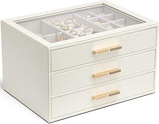 VLANDO Jewelry Box for Women: Glass Lid 3-Drawer Organizer for Necklaces, Rings, Earrings, Bracelets - Cloud White Mother's Day Gift