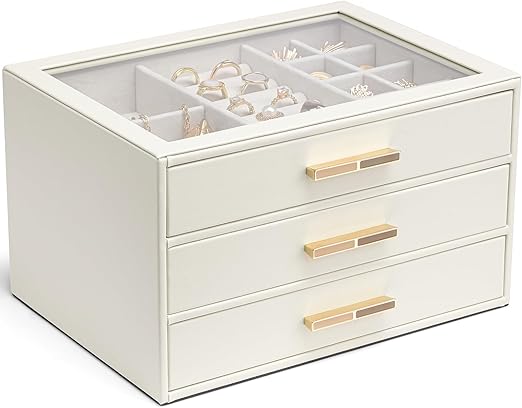 Vlando Jewelry Box for Women, Glass Lid Jewelry Organizer with 3 Drawers for Necklaces Rings Earrings Bracelets - White