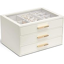 Vlando Jewelry Box for Women, Glass Lid Jewelry Organizer with 3 Drawers for Necklaces Rings Earrings Bracelets Mother Day Gift for Mom - Cloud White