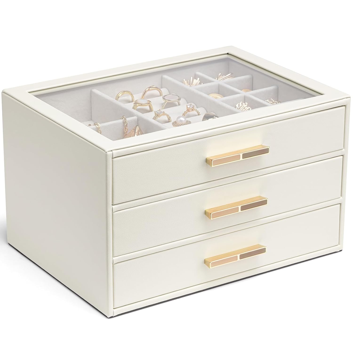 Vlando Jewelry Box for Women Glass Lid Jewelry Organizer with 3 Drawers for Necklaces Rings Earrings Bracelets Mother