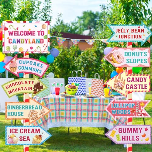 Image of 20 Pieces Candyland Decorations Welcome to Candyland Signs Candy Party Decorations for Kids Girls Candy Land Themed Birthday Party Halloween Christmas Trunk or Treat Car Decorations