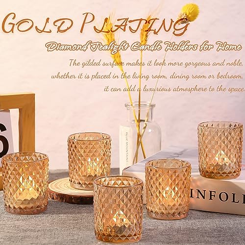 24 Pcs Gold Votive Candle Holders for Table, Crystal Glass Votive Candle Holder for Valentines Table Centerpiece, Tea Light Candle Holder for Wedding,Dinner Table,Party