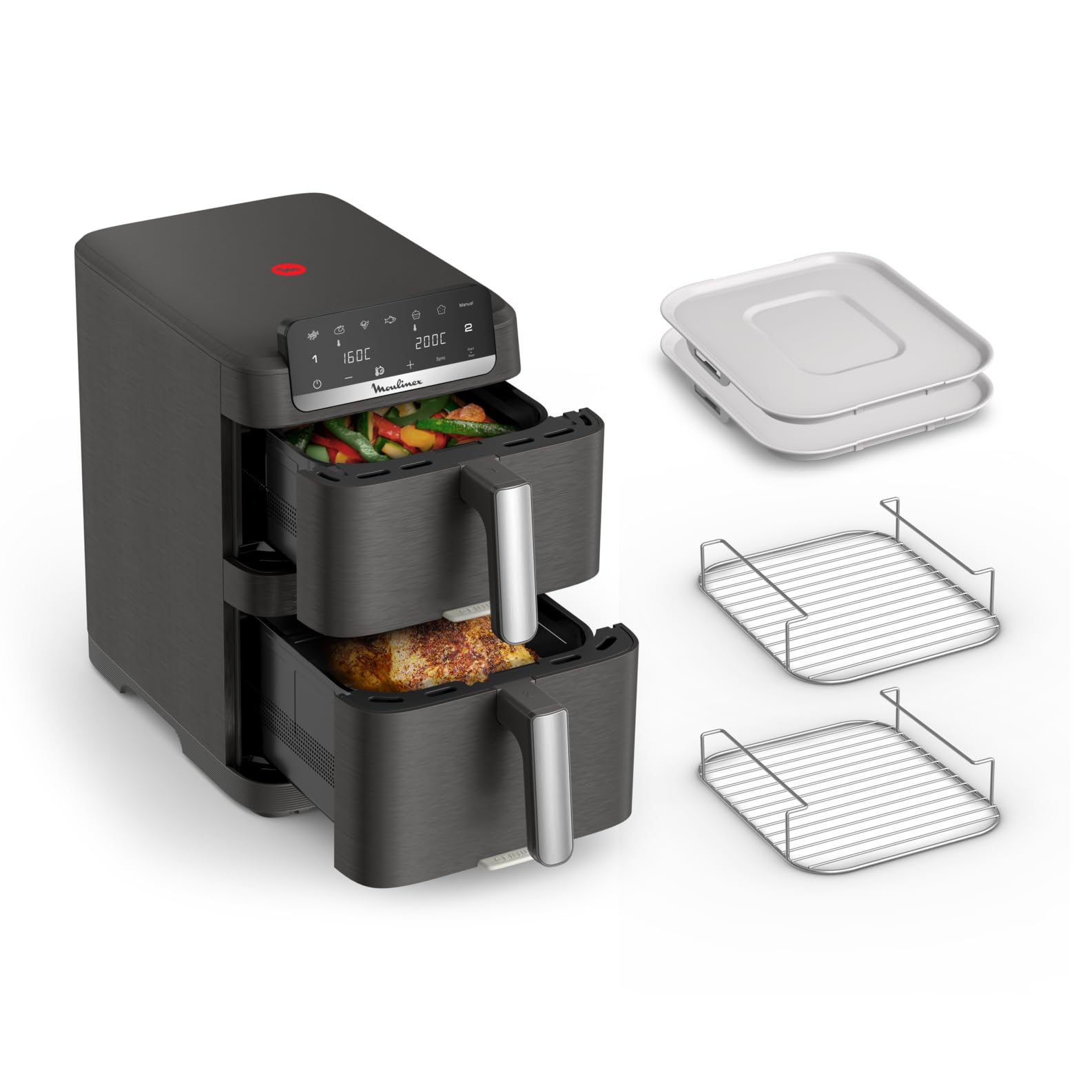 Moulinex Easy Fry Crispy Stack, Friggitrice ad Aria Verticale con Doppia Resistenza, Salvaspazio, Cottura ad Aria Uniforme e Croccante, Frontale Rimovibile, EZ756HF0
