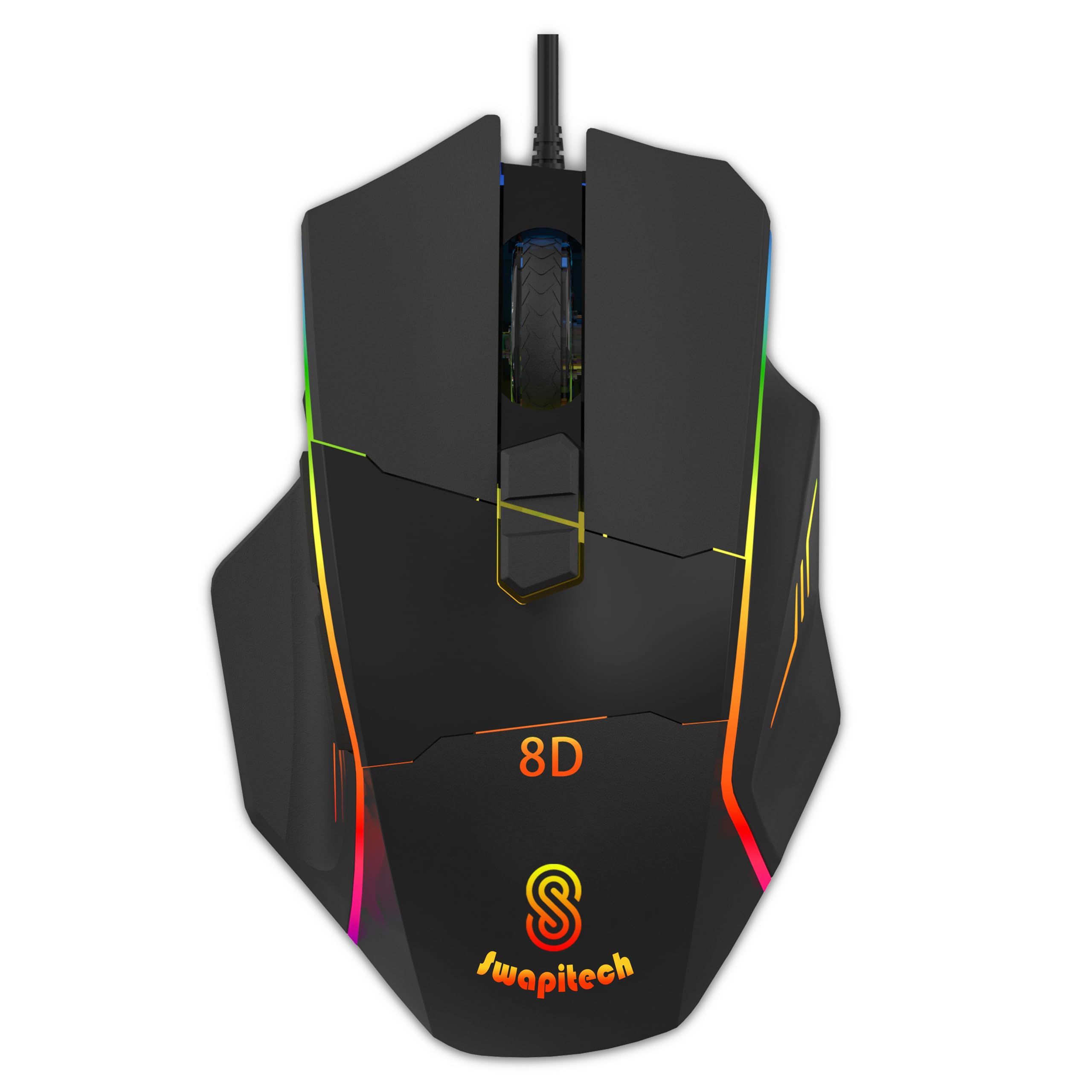 SWAPITECH Shooter with 12800 DPI Gaming Sensor 8 Programmable Buttons | RGB Wired Gaming Mouse with Ultra-Responsive 7000fps | 14 Lighting Modes with Music Sync | Advance Windows Software | USB 2.0