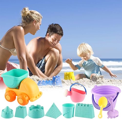 Miniatura 6 de MIFXIN Juguetes de playa para niños pequeños, juego de 11 piezas con cubo de arena para camión, palas, rastrillos, moldes de castillo de playa, lata