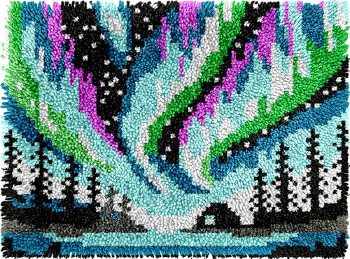 Image of Aurora Borealis Latch Hook Kits for Adults Kids Beginners Northern Light Scenic Latch Hook Rug Kit Pre-Printed Hook and Latch Carpet Making Kits DIY Wall Hanging Crochet Set 20x15 In. Craft Gift