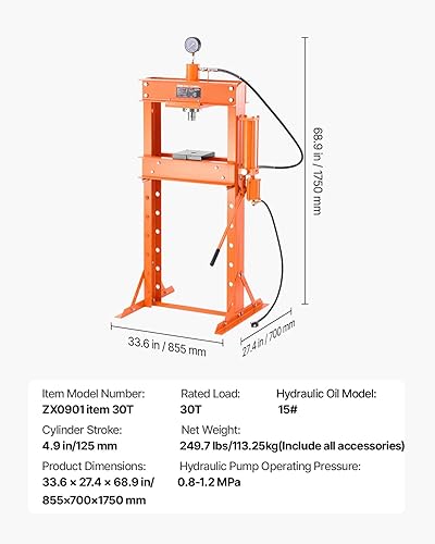Miniatura 42 de VEVOR Prensa hidráulica para taller, 6 toneladas/13000 libras, marco en H, altura ajustable de 4 sujeciones, con placas móviles, para garaje