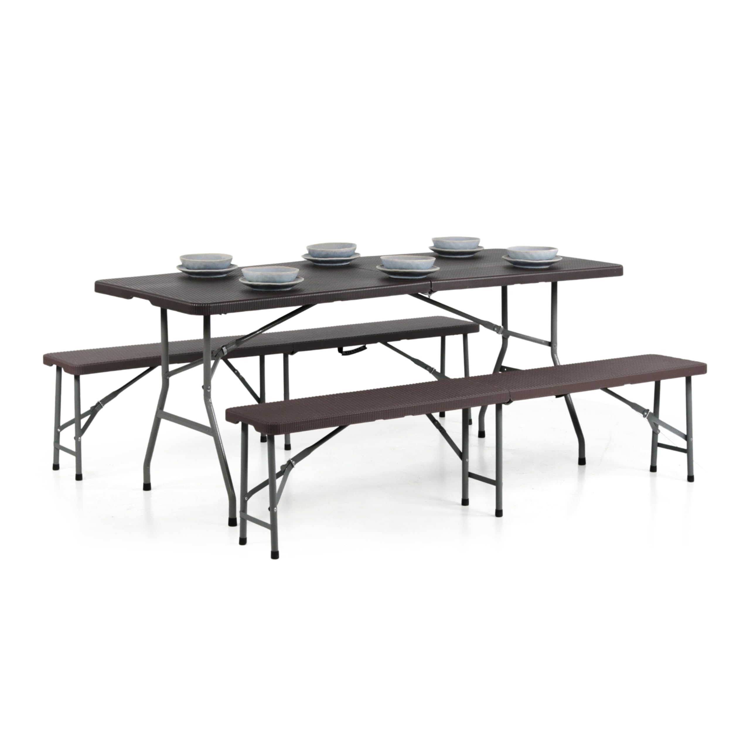 Brigros - Tavolo Pieghevole Con Panche Da Giardino, Perfetto Come Tavolo Campeggio O Tavolo Picnic, Salvaspazio Con Panche Da Esterno In Metallo E HDPE (Rattan)