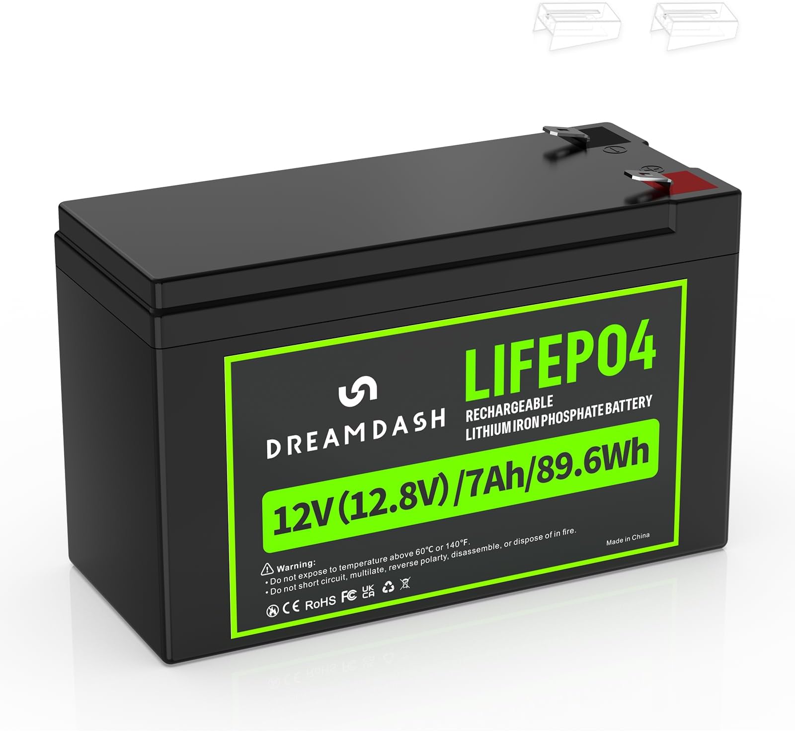 12V 7Ah LiFePO4 Battery Lithium Rechargeable Cycle Life > 3000+ cycles at 80% DOD -20℃ to 60℃ operation IP55 For cars, UPS, solar power systems, e-bikes, lights, scooters