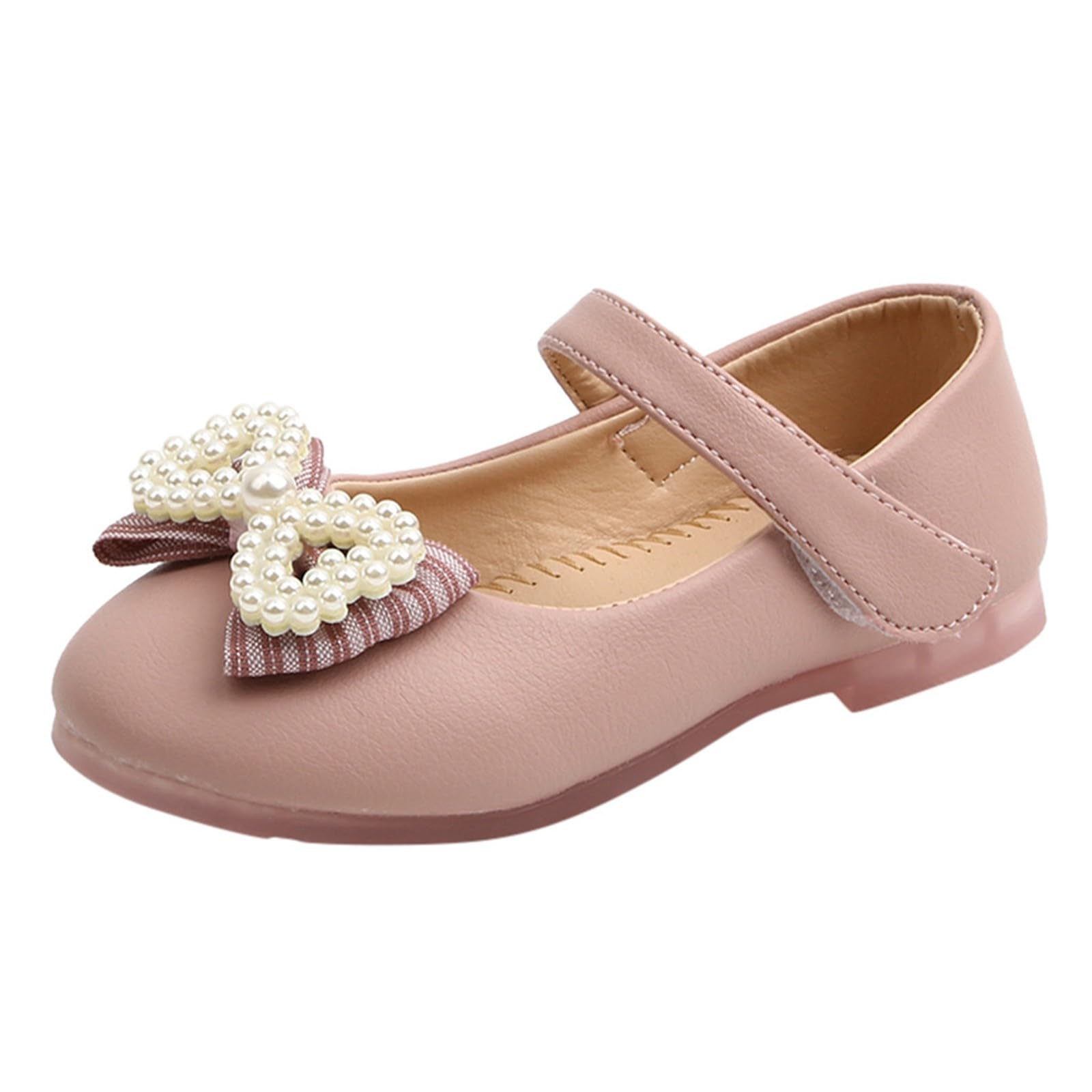Girls Casual Sandals Spring And Autumn New Solid Color Girls Pearl Bow Small Shoes Children's Flat Leather Size 2 Slides (Pink, 6 Infant)