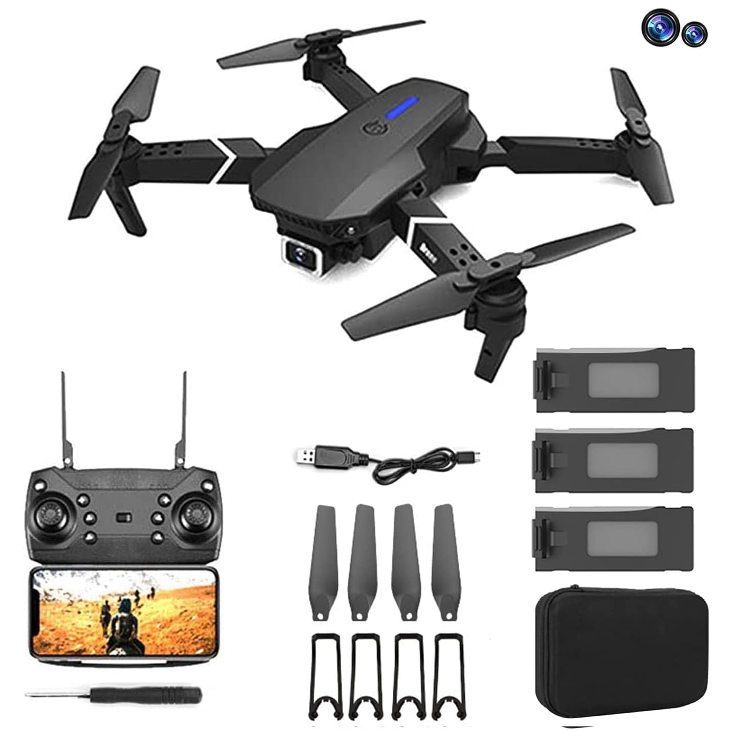 GPS Drone E88 Pro for Adults 1080P Pro Dual Camera Foldable Professional Live Video Drone RC Quadcopter Aircrafts with 2 Extra Batteries