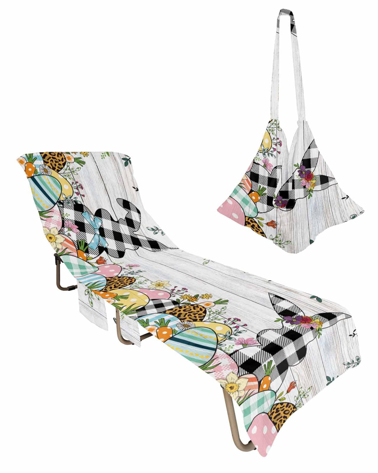 Black Plaid Rabbit Beach Chair Towel Covers for Chaise Lounge with Side Pocket, Soft Plush Pool Towels Cover for Patio Sunbathing Outdoor 29''x85'' Easter Egg Flower Plant Wood Grain
