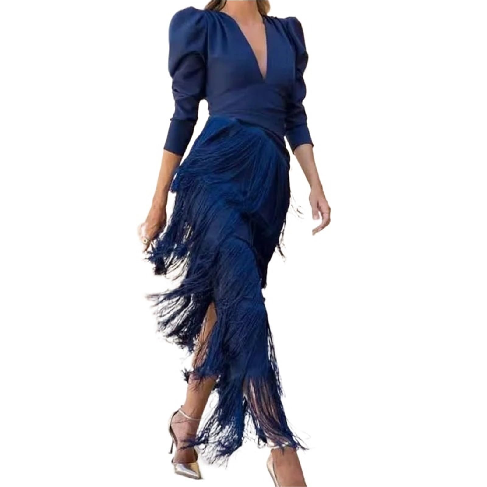 Elegant Deep V Neck Slim Prom Dresses Spring Solid Spliced Tassel Long Dress Woman Autumn Maxi