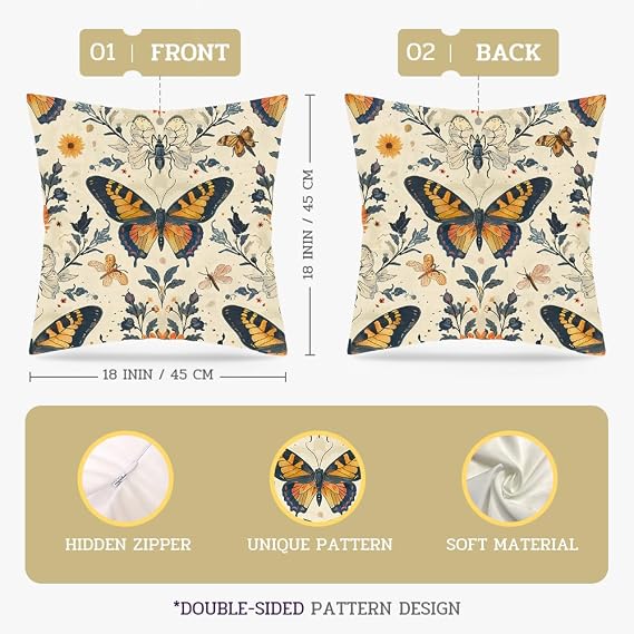 Umootek 4pcs Insects Decorative Throw Pillow Cover, 18x18 Inch Butterfly Printed Pattern Square Pillowcase for Bedroom Home Decor Living Room Cushion Case Bed Sofa Couch Cushion Covers