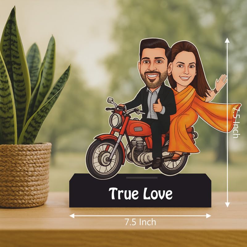 Image of THE GRANDEUR Acrylic Personalized Rider Couples Caricature Display, Custom Wooden Stand, for Husband, Room Decor