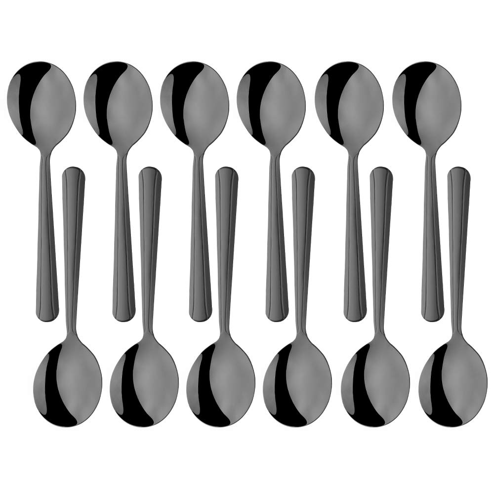 12-Piece Soup Bouillion Spoons, Dongbo 5.8-Inch Round Spoon Flatware Set, Black