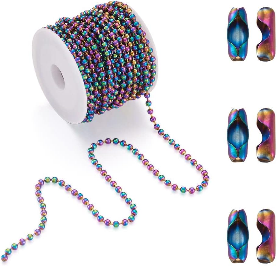 KISSITTY 5m 304 Stainless Steel Ball Chains Colorful Beaded Ball Chains Links for DIY Crafts Necklaces Jewelry Making with 10pcs Ball Chain Connectors