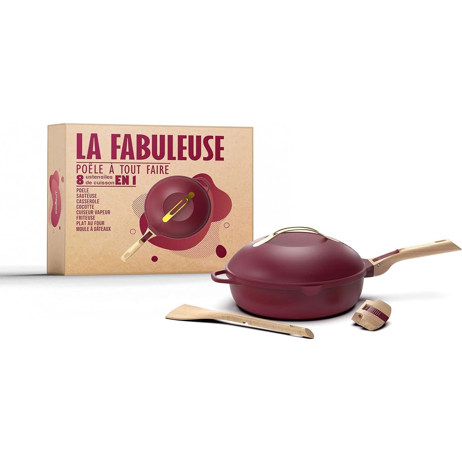 COOKUT - La Fabulosa - Sartén 8 en 1-24 cm - RUBIS - Antiadherente, Ecológica, Sin PFOA - Inducción y Horno