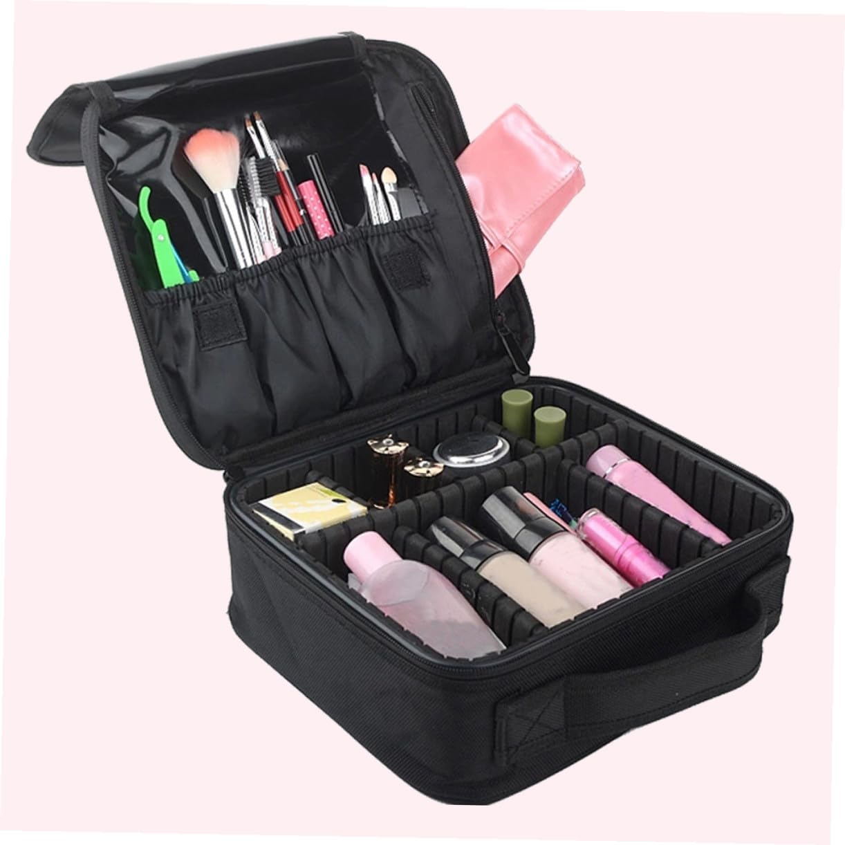 Estuche de Maquillaje Negro Portátil con Divisores Ajustables y Bolsillos para Brochas, Bolsa de Viaje para Cosméticos Adecuado para Viajes y Almacenaje Compacto