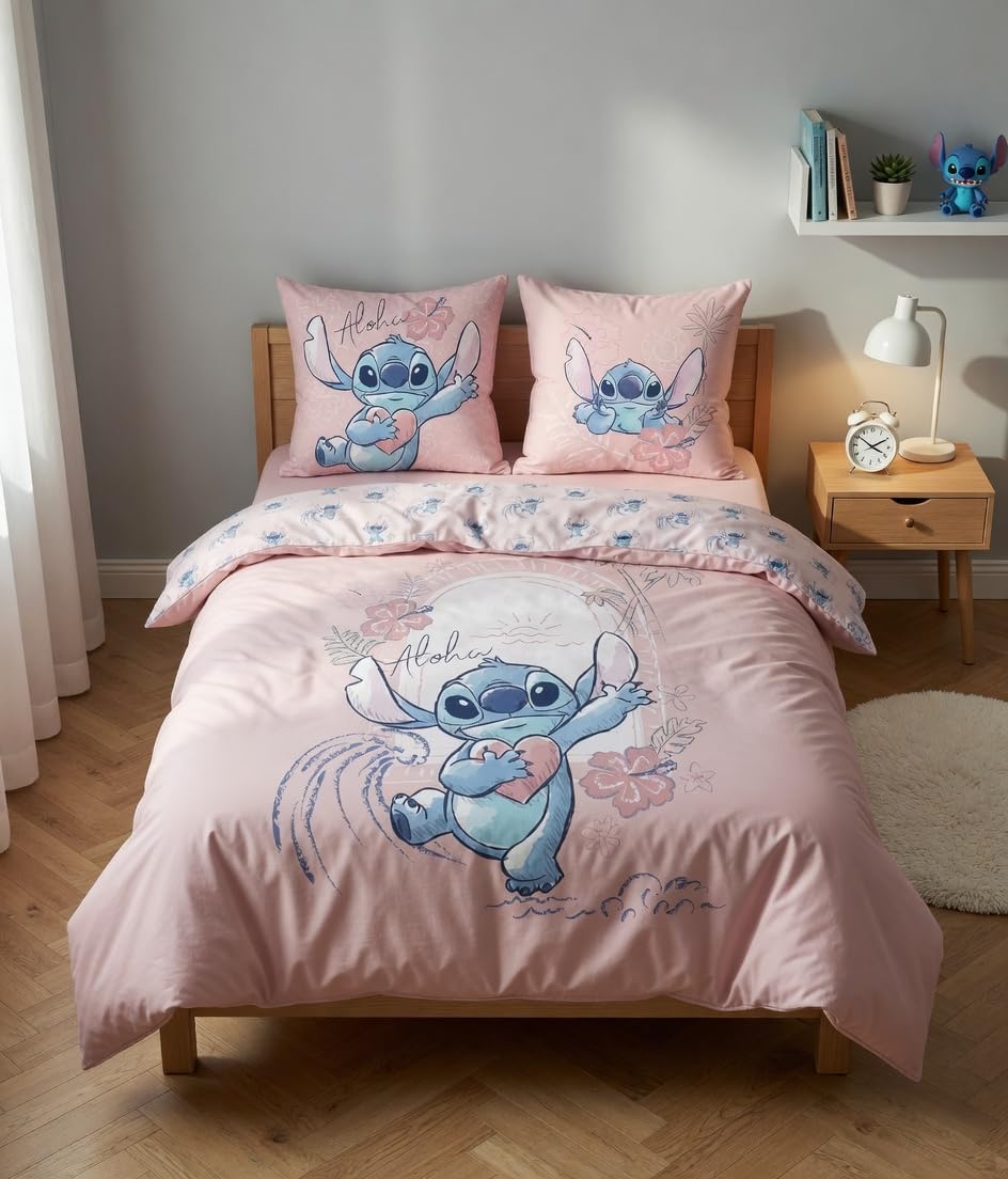 Stitch Rose Aloha Housse de Couette 240x220 + 2 Taies Coton Disney | Parure de lit 2 personnes réversible | Coton naturel respirant | Disney officiel | Cadeau couple | Lavable en machine