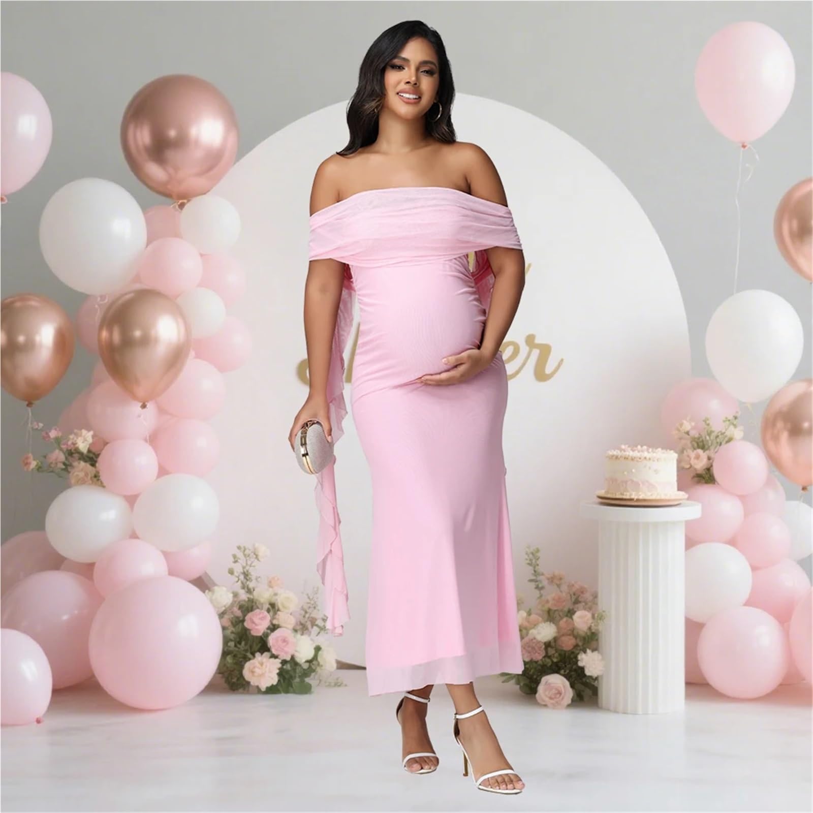 Vestido de Embarazo Vestido de Maternidad Malla con Hombros Descubiertos for Mujer for sesión Fotos, Exquisito Vestido Largo sin Tirantes Volantes for Baby Shower