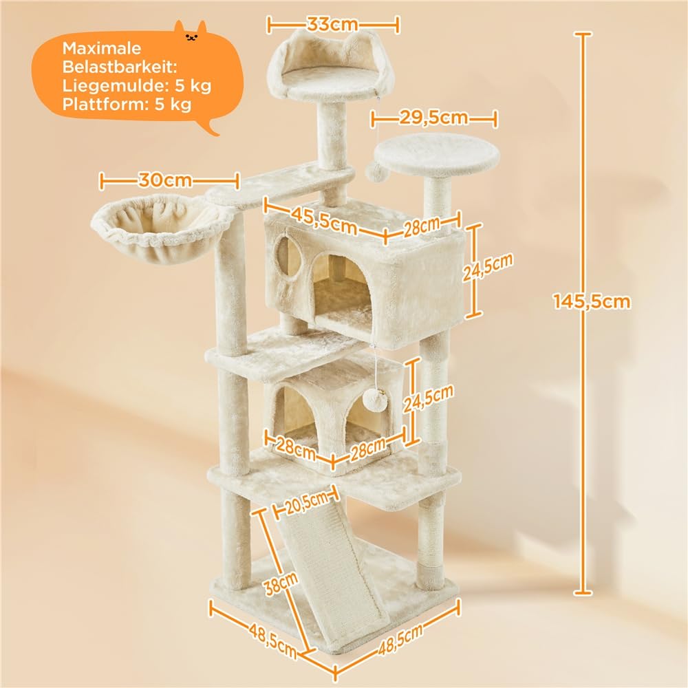 Yaheetech 145 cm Kratzbaum groß Katzenbaum mit Kratzbrett & Korb beige | FSC-zertifizierte Spanplatten | Mehrere Kratzsäulen auf jeder Ebene & zusätzliches Kratzbrett | mit Kippsicherung | Stabil