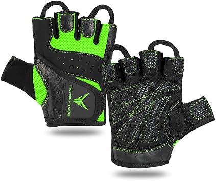 Fingerless Leather Mens Weightlifting Gloves L, Black/Green | with Full Palm Protection - Perfect for Weight Training, Bench Press, Deadlifting, Pull-Ups