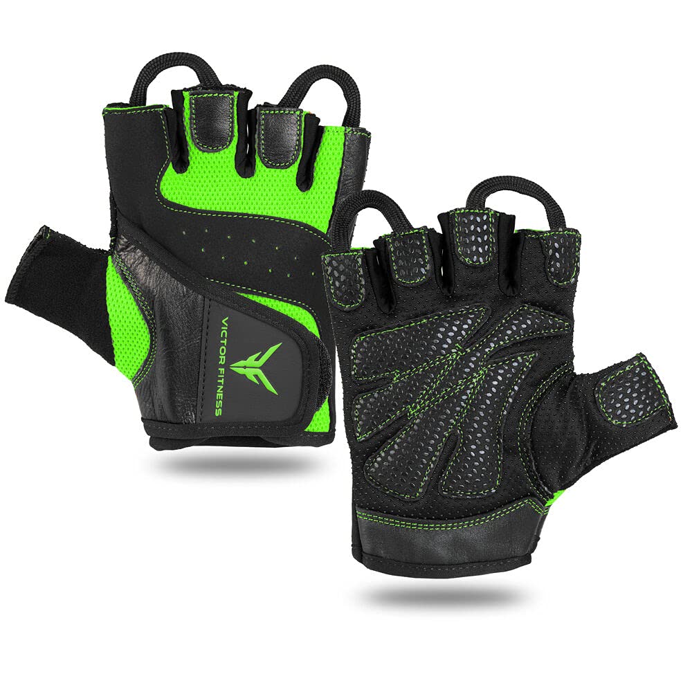 Fingerless Leather Men's Weightlifting Gloves (L, Black/Green)