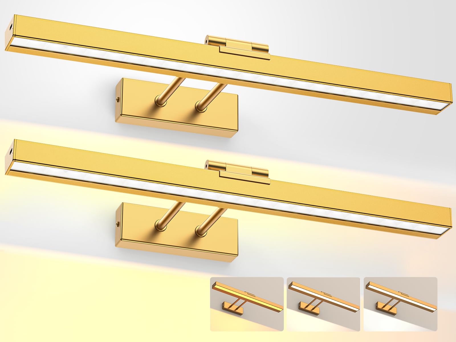 2PCS Picture Light Battery Operated, 16in Wireless Art Light for Paintings CCT Dimmable Recharging Battery Picture Light with Remote Control for Gallery Dartboard Bedroom Bathroom Gold