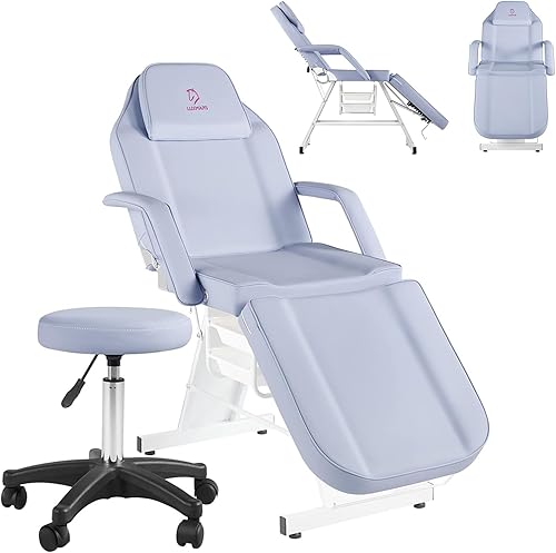 LUXMARS Silla facial de tatuaje, cama plegable ajustable para pestañas con taburete hidráulico, mesa de masaje para masaje profesional, pestañas