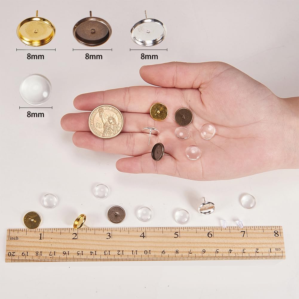 SUNNYCLUE 1 Box DIY 30 Pairs 3 Color Cabochon Stud Earrings Making Starter Kit 60pcs Stud Ear Cabochon Setting Post Cup Blank Tray Base Fit 8mm Clear Glass Cabochons Plastic Earring Ear Nuts - Image 3