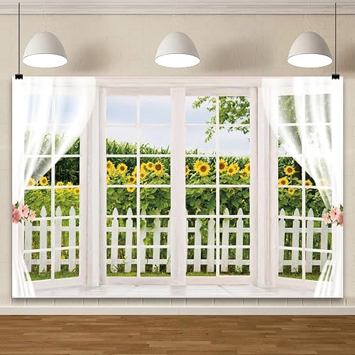 YongFoto Telón de fondo de ventana de primavera de 5 x 3 pies, girasol amarillo, valla de madera rústica, campo, jardín, naturaleza, paisaje, niña,