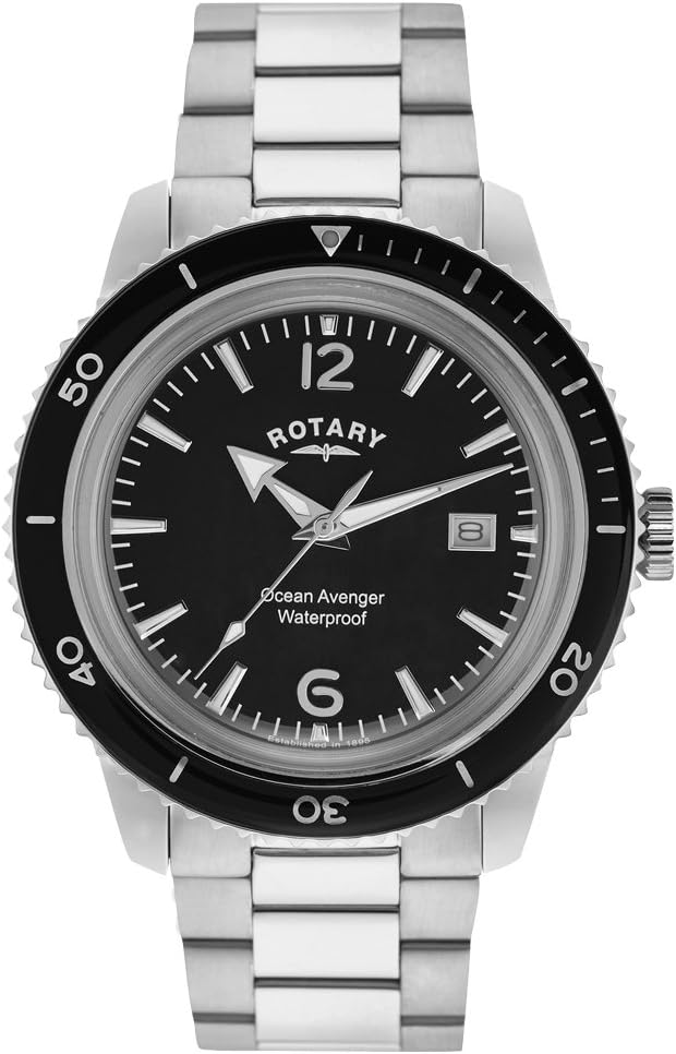 Rotary Men's Quartz Watch with Black Dial Analogue Display and Silver Stainless Steel Bracelet GB02694/04
