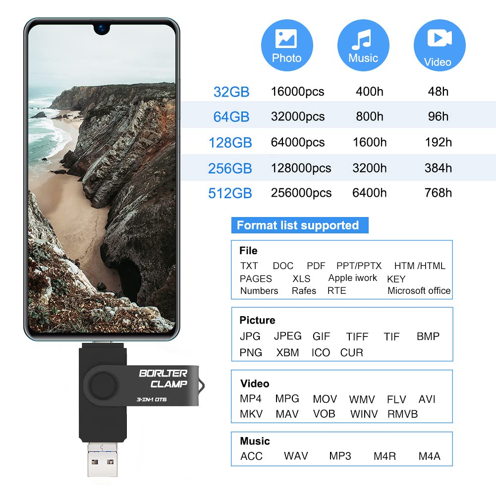 Chiavetta USB 3.0 da 256 GB Unità Flash 3 in 1 per Telefoni Android, BorlterClamp Pendrive OTG Pennetta USB con 3 Porte USB (USB C/microUSB/USB 3.0) per Samsung Galaxy, PC e Altro (Nero)