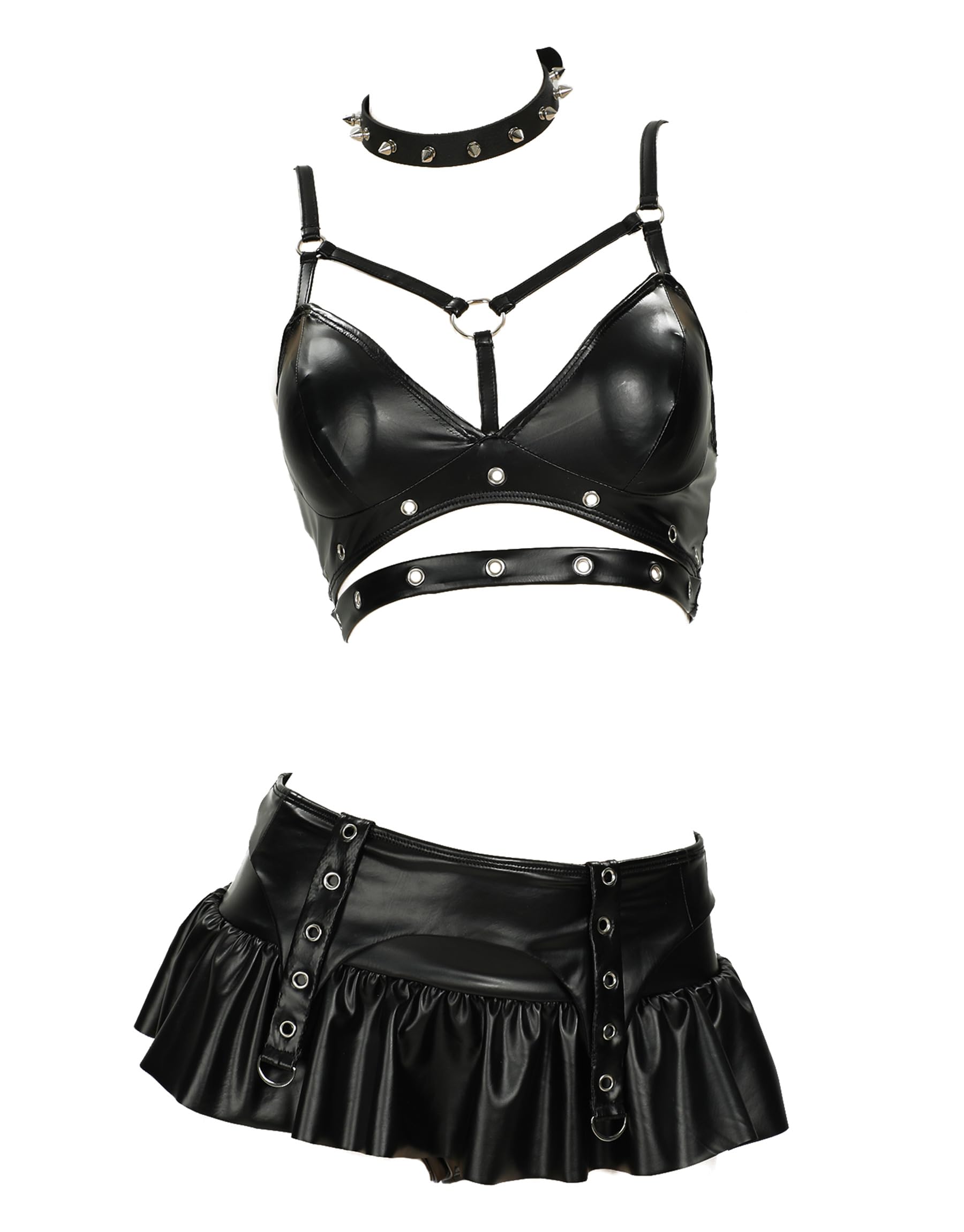 Meowcos Punk Splash Gothic Faux Leather Swimsuit Set Black Top