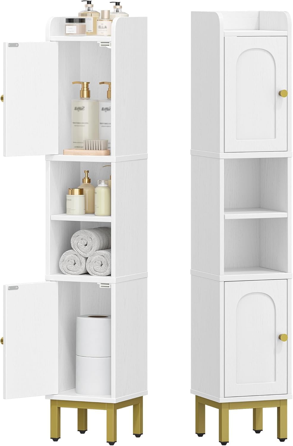 The cabinet shown with doors open and closed, displaying internal storage space.