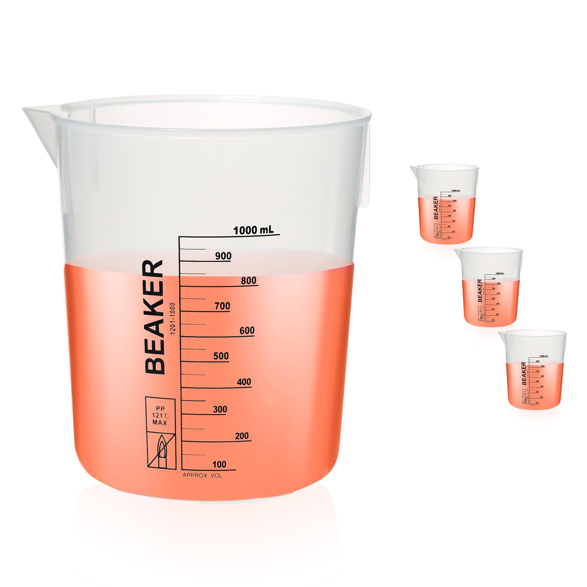 BKLP1000A3 - Juego de vasos de precipitados de plástico autoclavable, 3 unidades, 1000 ml, color negro, graduados, hechos de polietileno, con boquilla de descarga y varillas laterales apiladas,