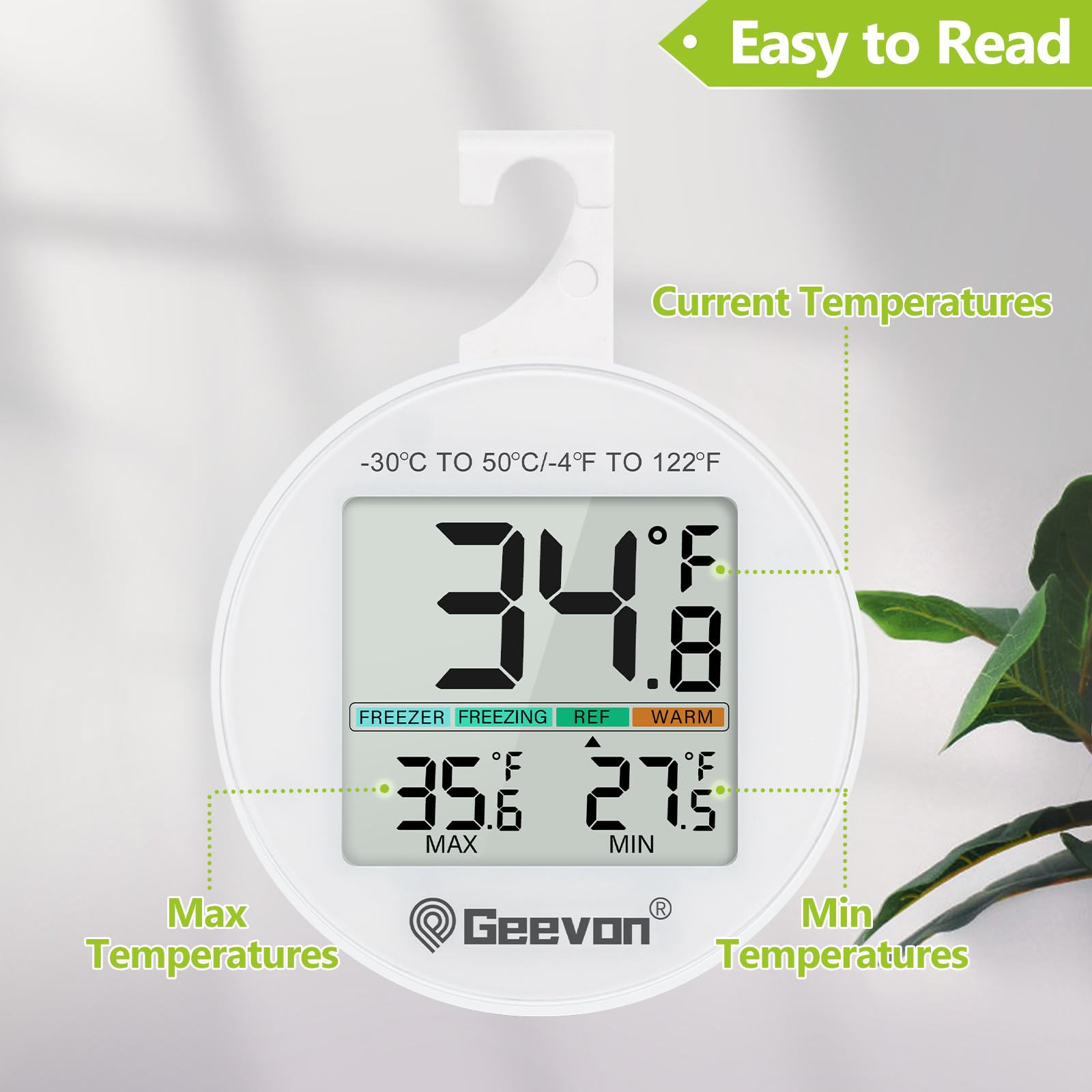 Geevon Termómetro para nevera, mini LCD digital, IP65 impermeable, función de indicador de temperatura del refrigerador, parte trasera magnética de soporte, registro mínimo máximo, termómetros de