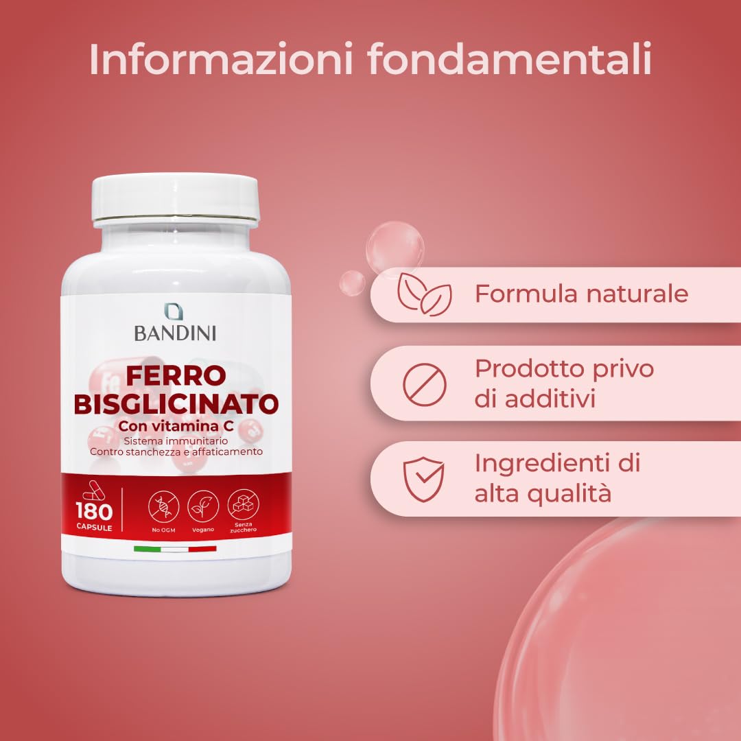 Bandini® Ferro Bisglicinato 80mg + Vitamina C 180 Capsule Vegan (Scorta di oltre 6 Mesi) - Contribuisce al Normale Metabolismo Energetico - Altamente Assimilabile e Biodisponibile - Iron + Vit C 160mg