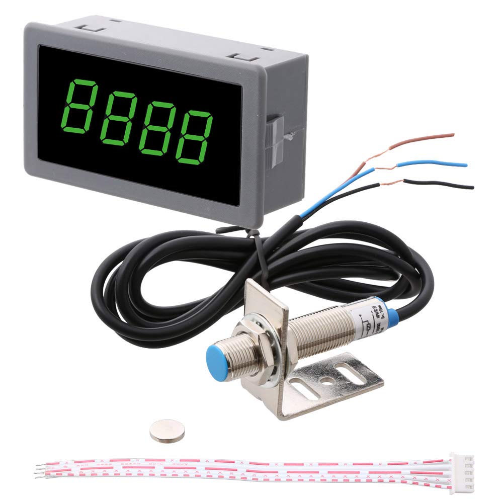 LYWS 4 Digital LED Display Tachometer RPM Gauge Speed Meter Tester 10-9999 RPM with Hall Proximity Sensor Switch & Bracket (Green)