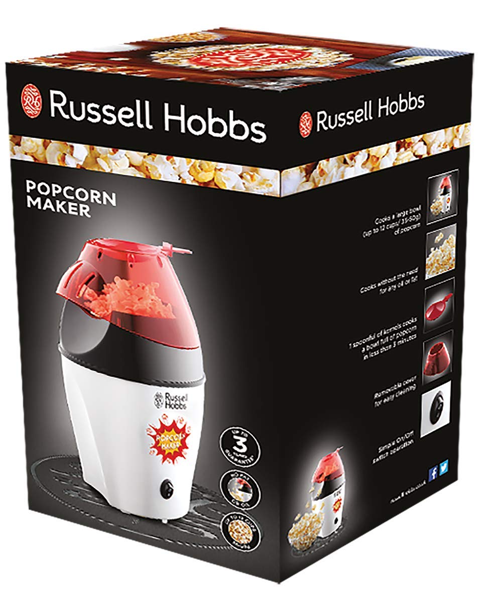 Russell Hobbs Máquina para Hacer Palomitas Fiesta - Palomitas Caseras, Sin Grasa Ni Aceite, Capacidad 12 Tazas, Incluye Cuchara de Medición, Tapa Extraíble, 1200 W, Blanco y Rojo - 24630-56