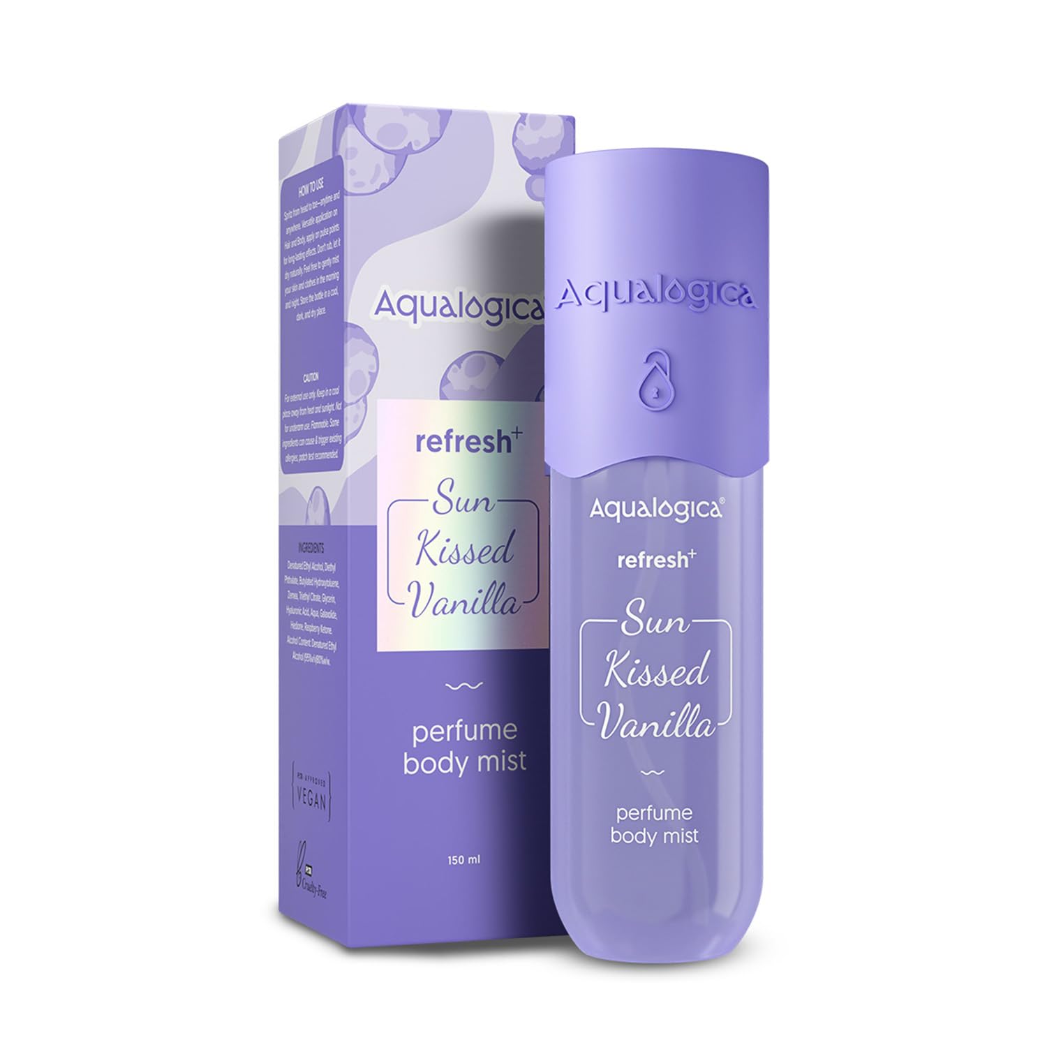 aqualogica refresh+ sun kissed vanilla perfume body mist | warm vanilla fragrance | long- lasting fragrance | double duty mist for hair & body | non-irritating & hydrating | skin friendly | 150 ml