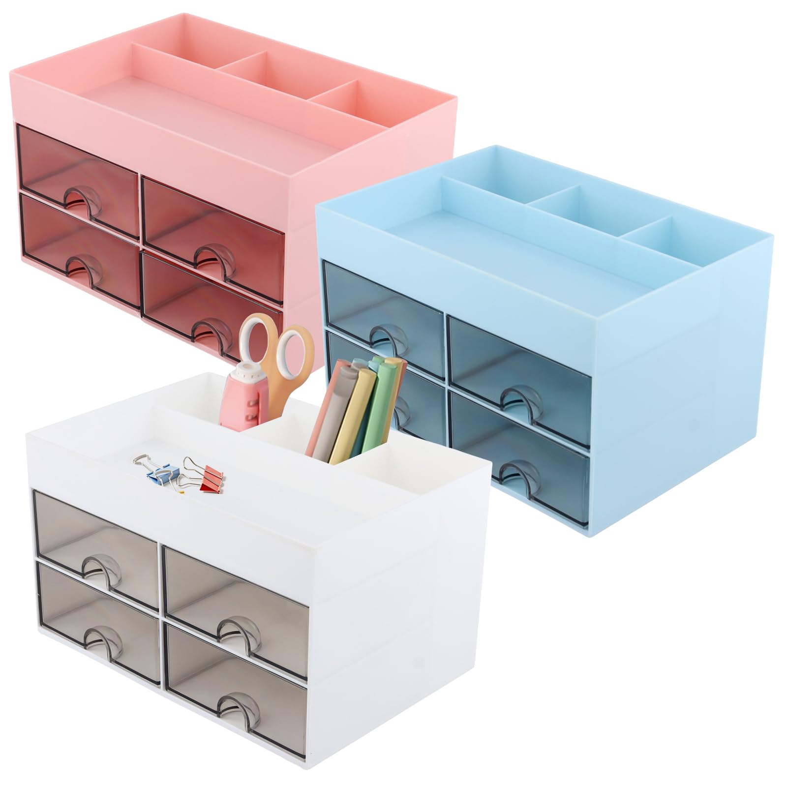 Organizador de escritorio de oficina de 3 piezas con 4 cajones y 4 compartimentos, color blanco, rosa y azul, organizador de escritorio de plástico, cajones de escritorio, organizador de