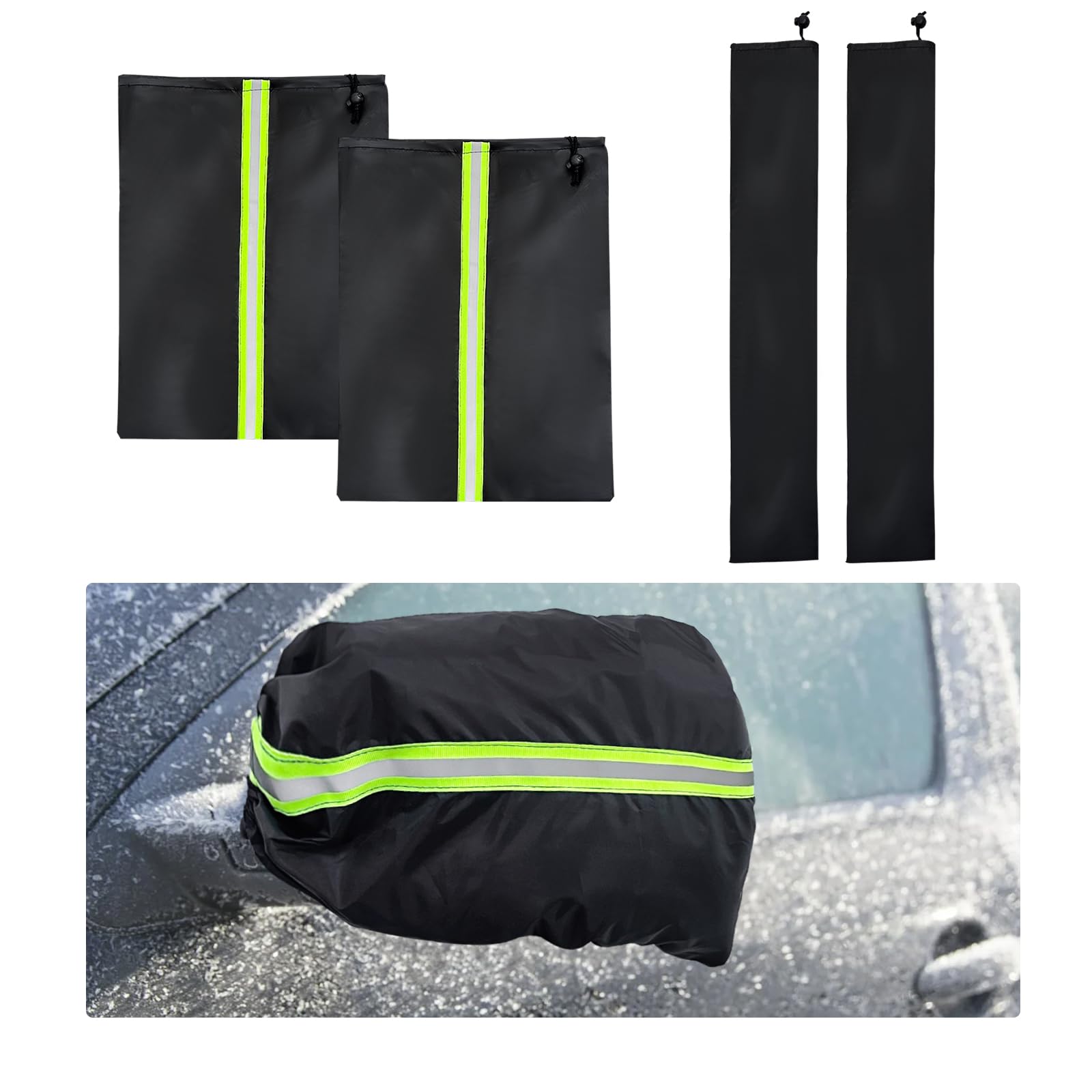 4PCS Side Mirror and Windshield Wiper Covers, Waterproof Side Mirror Cover Wiper Shield with Reflective Strip, Universal Covers Protect Rearview Mirrors & Wipers from Ice Snow Frost