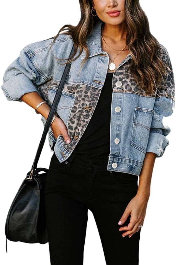 Women's Oversized Denim Jacket Leopard Print Jean Jacket Button Down Jean Coat with Pockets