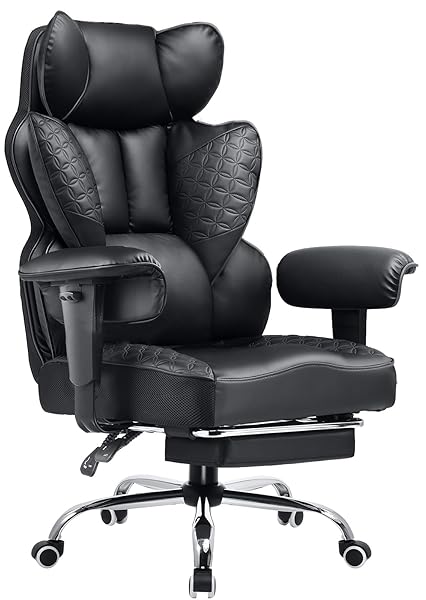 COMHOMA Big and Tall Office Chair 400LBS Wide Ergonomic Gaming Chair with Deluxe Embossing Designed Leather with Foot Rest,150°Reclining Adjustable Armrests Pocket Spring Back Support and Pillow